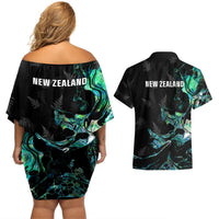 New Zealand Marathon Couples Matching Off Shoulder Short Dress and Hawaiian Shirt Silver Fern Paua Shell Simple Style LT05 - Polynesian Pride