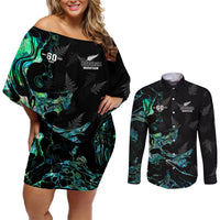 New Zealand Marathon Couples Matching Off Shoulder Short Dress and Long Sleeve Button Shirt Silver Fern Paua Shell Simple Style LT05 Black - Polynesian Pride
