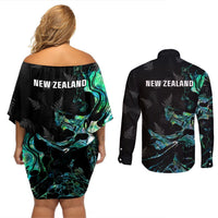 New Zealand Marathon Couples Matching Off Shoulder Short Dress and Long Sleeve Button Shirt Silver Fern Paua Shell Simple Style LT05 - Polynesian Pride
