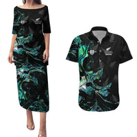 New Zealand Marathon Couples Matching Puletasi and Hawaiian Shirt Silver Fern Paua Shell Simple Style LT05 Black - Polynesian Pride