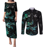 New Zealand Marathon Couples Matching Puletasi and Long Sleeve Button Shirt Silver Fern Paua Shell Simple Style LT05 Black - Polynesian Pride