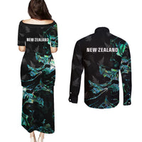 New Zealand Marathon Couples Matching Puletasi and Long Sleeve Button Shirt Silver Fern Paua Shell Simple Style LT05 - Polynesian Pride