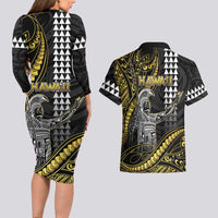 Hawaii King Kamehameha The Great Couples Matching Long Sleeve Bodycon Dress and Hawaiian Shirt Gold Tribal Tattoo