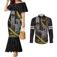 Hawaii King Kamehameha The Great Couples Matching Mermaid Dress and Long Sleeve Button Shirt Gold Tribal Tattoo