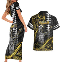 Hawaii King Kamehameha The Great Couples Matching Short Sleeve Bodycon Dress and Hawaiian Shirt Gold Tribal Tattoo