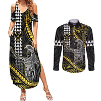 Hawaii King Kamehameha The Great Couples Matching Summer Maxi Dress and Long Sleeve Button Shirt Gold Tribal Tattoo