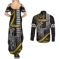 Hawaii King Kamehameha The Great Couples Matching Summer Maxi Dress and Long Sleeve Button Shirt Gold Tribal Tattoo
