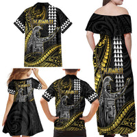 Hawaii King Kamehameha The Great Family Matching Off Shoulder Maxi Dress and Hawaiian Shirt Gold Tribal Tattoo