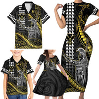 Hawaii King Kamehameha The Great Family Matching Short Sleeve Bodycon Dress and Hawaiian Shirt Gold Tribal Tattoo