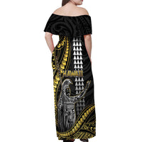 Hawaii King Kamehameha The Great Off Shoulder Maxi Dress Gold Tribal Tattoo