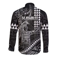 Hawaii King Kamehameha The Great Long Sleeve Button Shirt Black Tribal Tattoo