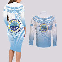 Micronesia Constitution Day Couples Matching Long Sleeve Bodycon Dress and Long Sleeve Button Shirt Polynesian Tribal Tattoo Simple Style