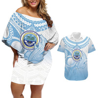 Micronesia Constitution Day Couples Matching Off Shoulder Short Dress and Hawaiian Shirt Polynesian Tribal Tattoo Simple Style LT05 Blue - Polynesian Pride
