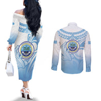 Micronesia Constitution Day Couples Matching Off The Shoulder Long Sleeve Dress and Long Sleeve Button Shirt Polynesian Tribal Tattoo Simple Style