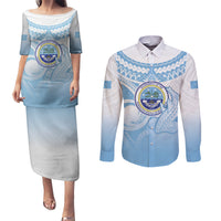 Micronesia Constitution Day Couples Matching Puletasi and Long Sleeve Button Shirt Polynesian Tribal Tattoo Simple Style