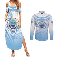 Micronesia Constitution Day Couples Matching Summer Maxi Dress and Long Sleeve Button Shirt Polynesian Tribal Tattoo Simple Style LT05 Blue - Polynesian Pride