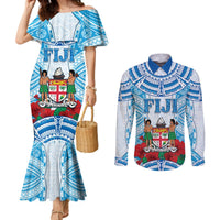 Personalised Fiji Ratu Sir Lala Sukuna Day Couples Matching Mermaid Dress and Long Sleeve Button Shirt Hibiscus Tapa Pattern LT05 Blue - Polynesian Pride