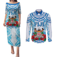 Personalised Fiji Ratu Sir Lala Sukuna Day Couples Matching Puletasi and Long Sleeve Button Shirt Hibiscus Tapa Pattern LT05 Blue - Polynesian Pride