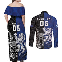 New Zealand And Scotland Rugby Custom Couples Matching Off Shoulder Maxi Dress and Long Sleeve Button Shirt Maori Tiki With Thistle Together