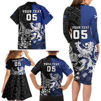 New Zealand And Scotland Rugby Custom Family Matching Long Sleeve Bodycon Dress and Hawaiian Shirt Maori Tiki With Thistle Together