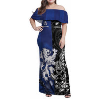 New Zealand And Scotland Rugby Custom Family Matching Off Shoulder Maxi Dress and Hawaiian Shirt Maori Tiki With Thistle Together LT05 Mom's Dress Black - Polynesian Pride