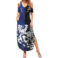 New Zealand And Scotland Rugby Custom Family Matching Summer Maxi Dress and Hawaiian Shirt Maori Tiki With Thistle Together LT05 Mom's Dress Black - Polynesian Pride