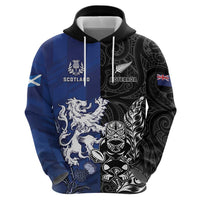 New Zealand And Scotland Rugby Custom Hoodie Maori Tiki With Thistle Together