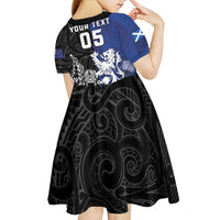 New Zealand And Scotland Rugby Custom Kid Short Sleeve Dress Maori Tiki With Thistle Together
