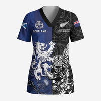 New Zealand And Scotland Rugby Custom Scrub Top Maori Tiki With Thistle Together - Polynesian Pride