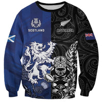 New Zealand And Scotland Rugby Custom Sweatshirt Maori Tiki With Thistle Together