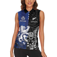 New Zealand And Scotland Rugby Custom Women Sleeveless Polo Shirt Maori Tiki With Thistle Together