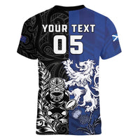 New Zealand And Scotland Rugby Custom Women V-Neck T-Shirt Maori Tiki With Thistle Together