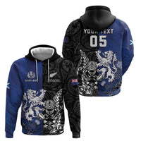 New Zealand And Scotland Rugby Custom Zip Hoodie Maori Tiki With Thistle Together