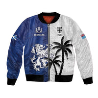 Fiji And Scotland Rugby Custom Bomber Jacket Fijian Palm Tree With Thistle Together