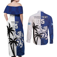 Fiji And Scotland Rugby Custom Couples Matching Off Shoulder Maxi Dress and Long Sleeve Button Shirt Fijian Palm Tree With Thistle Together