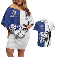 Fiji And Scotland Rugby Custom Couples Matching Off Shoulder Short Dress and Hawaiian Shirt Fijian Palm Tree With Thistle Together