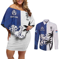 Fiji And Scotland Rugby Custom Couples Matching Off Shoulder Short Dress and Long Sleeve Button Shirt Fijian Palm Tree With Thistle Together