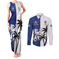 Fiji And Scotland Rugby Custom Couples Matching Tank Maxi Dress and Long Sleeve Button Shirt Fijian Palm Tree With Thistle Together