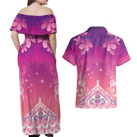 New Zealand Matariki Couples Matching Off Shoulder Maxi Dress and Hawaiian Shirt Maori Marae Purple Galaxy