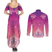 New Zealand Matariki Couples Matching Summer Maxi Dress and Long Sleeve Button Shirt Maori Marae Purple Galaxy