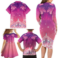 New Zealand Matariki Family Matching Long Sleeve Bodycon Dress and Hawaiian Shirt Maori Marae Purple Galaxy