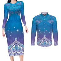 New Zealand Matariki Couples Matching Long Sleeve Bodycon Dress and Long Sleeve Button Shirt Maori Marae Cyan Galaxy