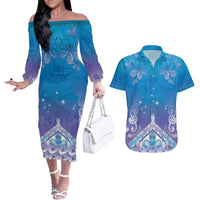 New Zealand Matariki Couples Matching Off The Shoulder Long Sleeve Dress and Hawaiian Shirt Maori Marae Cyan Galaxy