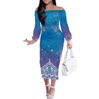 New Zealand Matariki Family Matching Off The Shoulder Long Sleeve Dress and Hawaiian Shirt Maori Marae Cyan Galaxy