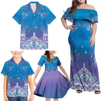 New Zealand Matariki Family Matching Off Shoulder Maxi Dress and Hawaiian Shirt Maori Marae Cyan Galaxy