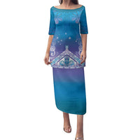 New Zealand Matariki Family Matching Puletasi and Hawaiian Shirt Maori Marae Cyan Galaxy