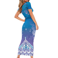 New Zealand Matariki Family Matching Short Sleeve Bodycon Dress and Hawaiian Shirt Maori Marae Cyan Galaxy