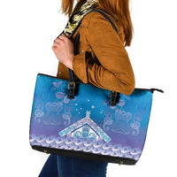 New Zealand Matariki Leather Tote Bag Maori Marae Cyan Galaxy