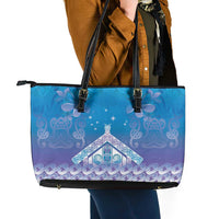 New Zealand Matariki Leather Tote Bag Maori Marae Cyan Galaxy