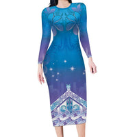New Zealand Matariki Long Sleeve Bodycon Dress Maori Marae Cyan Galaxy